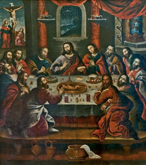 Jezus eet cavia op schilderij Het Laatste Avondmaal van Marcos Zapata